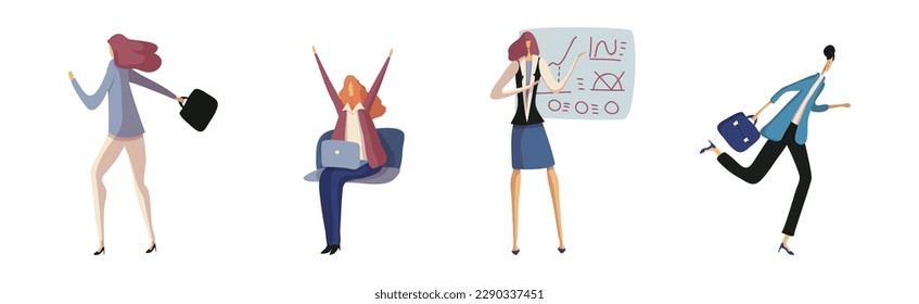 Business Woman Character and Office Employee at Laptop, Running and Showing Presentation Vector Set