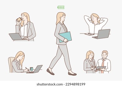 Business Woman Character and Office Employee Standing. energetic woman. Hand drawn style vector design illustrations.