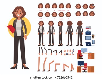 Business woman character constructor and office objects for animation. Set of various women's poses, faces, mouth, hands, legs. Flat style vector illustration isolated on white background. Business woman character constructor and office objects for animation. Set of various women's poses, faces, mouth, hands, legs. Flat style vector illustration isolated on white background.
