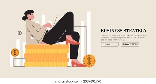 Business woman character on pile of golden coins check profit, credit card balance, data statistics. Concept of finance, financial operations or planning, investments for banner, web app design, ui. 