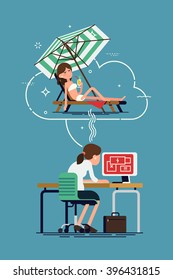 Business woman character overloaded at work dreaming of vacation on beach resort. Cool vector illustration on stressed lady thinking of lying on beach in swim suit, sunbathing and drinking cocktails