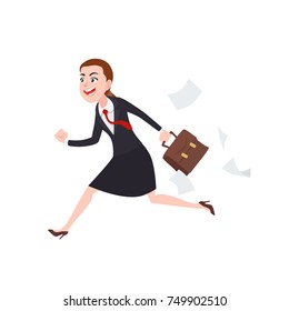 Business Woman Character Running With Bag. Cartoon Style Vector Illustration