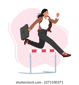 Business Woman Character Running on Stadium Track Holding Briefcase in Hand. Successful Businesswoman Leader Jump over Obstacles. Challenge and Leadership Concept. Cartoon People Vector Illustration