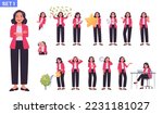 Business woman character set. Businesswoman or office worker in various poses, emotions, gestures. The manager searches, invests, speaks, works. Vector illustration in flat style
