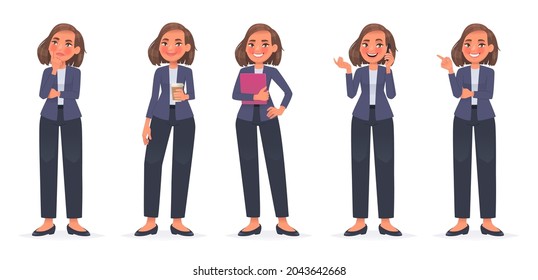 Business woman character set. A cute girl thinks, holds a glass of coffee in her hand, talks on the phone, points to the side. Vector illustration in cartoon style