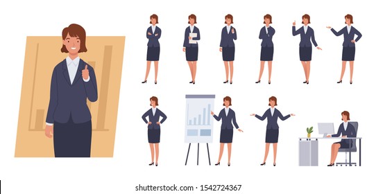 Business Woman Character Set. Different Poses And Emotions. Vector Illustration In A Flat Style