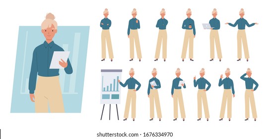 Business woman character set. Different poses and emotions. Vector illustration in a flat style