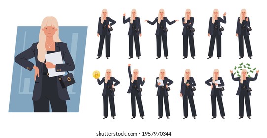 Business woman character set. Different poses and emotions. Vector illustration in a flat style