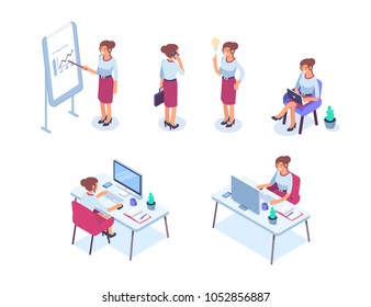 
Business woman character set. Flat isometric vector illustration isolated on white background.