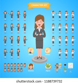 Business woman character set in Flat vector cartoon style with face emotions, poses and gestures. illustration eps 10