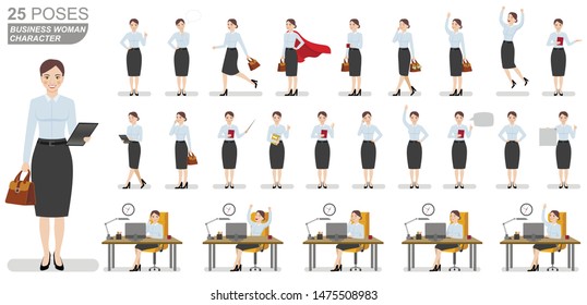 Juego de caracteres de mujer de negocios. Ilustraciones planas del carácter de mujer empresaria en diferentes poses.