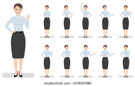 Business woman character set. Flat illustrations of business woman character in various poses.
