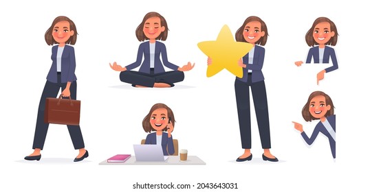 Business woman character set. A girl goes to work, meditates, works at desktop, holds a star, a review or a rating, points to the side and down, looks out. Vector illustration in cartoon style