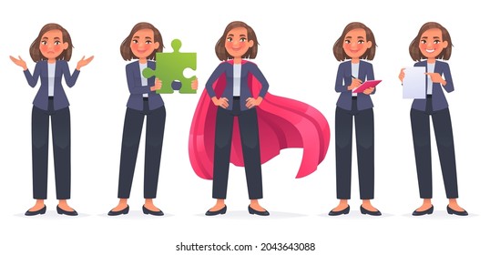 Business woman character set. The girl makes a helpless gesture,  sorry, a superhero, holds a puzzle in her hands, writes it down in a notebook, points to an empty sheet of paper. Vector illustration 