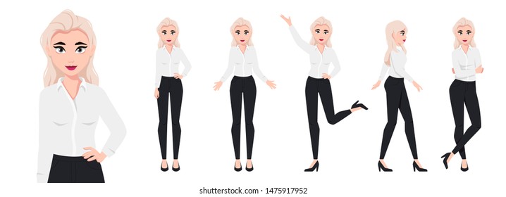 Business woman character set isolated on white background. Girl dressed in business pants and shirt. Various poses. Mouth and body animation. Cute simple cartoon design. Flat style vector illustration