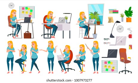 Business Woman Character Set Vector. Working People Set. Girl Boss In Action. Office, Creative Studio. Female Business Situation. Girl Programmer, Designer, Manager. Poses. Character Illustration
