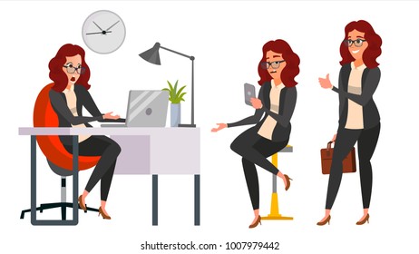 Business Woman Character Set Vector. Working People Poses Set. Girl Boss In Action. Creative Studio. Teamwork. Modern Business Office. Female In Situation. Programmer, Designer. Character Illustration