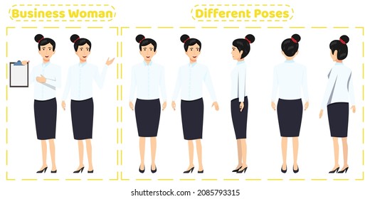 Business woman character set wearing cute business outfit with different poses front side back view with cheerful facial expressions Animation creation isolated