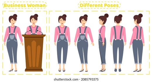 Business woman character set wearing cute business outfit with different poses front side back view with cheerful facial expressions Animation creation