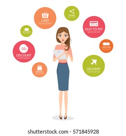 business woman character shopping online infographic. people to communication with tablet.