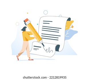 Business Woman character sign document. Agreement conclusion, business partnership. Documentary coherence. Modern flat vector use of digital concept illustration in web, app UI UX interface. Signing