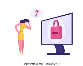 Business Woman Character Stand at Huge Desktop with Padlock on Screen Trying to Remember Password Identification Information for Internet Profile or Account, Web Security. Cartoon Vector Illustration