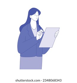 Business Woman Character Standing with Clipboard Writing Something Vector Illustration