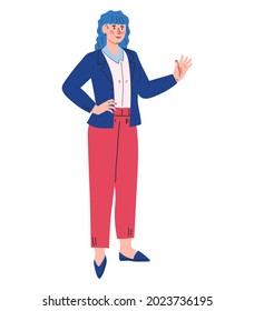 Business woman character standing waving hand, flat cartoon vector illustration isolated on white background. Confident smart modern woman in formal office wear.