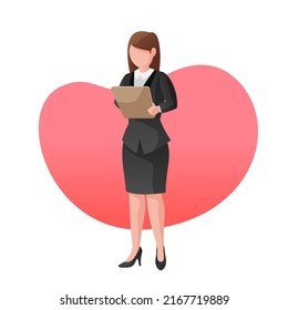 Business Woman character take a notes in flat design style. Dressed in Tuxedo. Vector illustration.