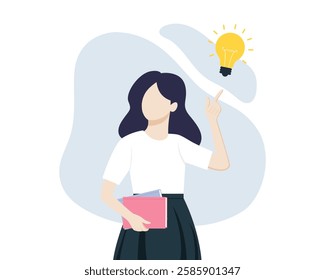 business woman character thinking holding book. Problem solving, idea and creativity concept. Flat illustration 