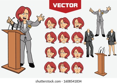 Business woman character. Various clothes and expressions. Speaker at the Pulpit
