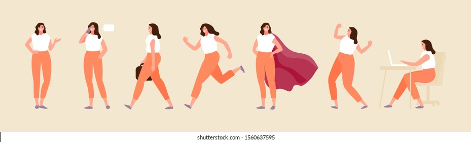 Business woman character in various poses. Standing, walking, running, sitting positions. Vector set