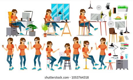 Business Woman Character Vector. In Action. IT Startup Business Company. Environment Process. Planning. Cartoon Illustration