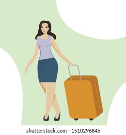 Business woman character vector. Cheerful smiling vector cartoon female character with luggage travelling by plane.