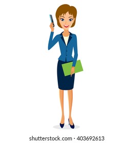 Business woman character vector. Cheerful smiling business woman character with smart phone. Woman business character isolated on white background