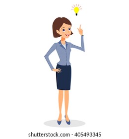 Business woman character vector. Cheerful smiling business woman character with light bulb. Problem solving, idea and creativity concept. Woman business character isolated on white background