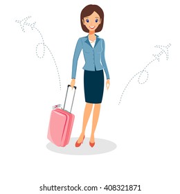 Business woman character vector. Cheerful smiling vector cartoon female character with luggage travelling by plane. Isolated on white background