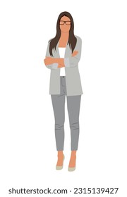 Carácter de mujer de negocios. Dibujo vectorial realista de una chica caricaturista de muy buen pie con el pelo oscuro y largo vestido de oficina formal, gafas y tacones altos. Aislado sobre fondo blanco