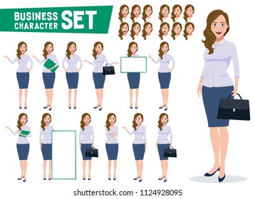 Business woman character vector set with professional young female office employee standing in different gestures and pose in white background. Vector illustration.
