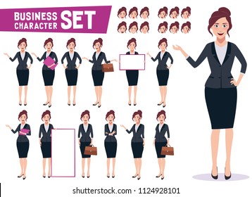 Business woman character vector set with young happy professional female office employee in different gestures and pose in white background. Vector illustration.
