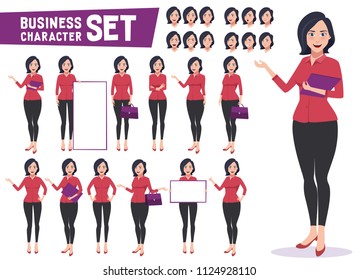 Business woman character vector set with professional young female employee or teacher standing in different gestures and pose for business presentation. Vector illustration.
