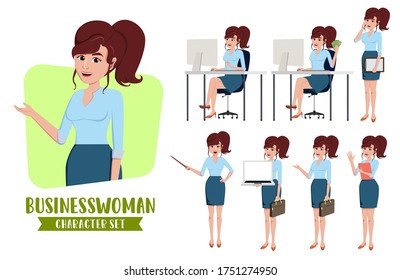 Business woman character vector set. Businesswoman characters office staff employee in talking, sitting in desk and calling pose and gestures for business design elements. Vector illustration. 