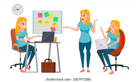 Business Woman Character Vector. Working Girl. Environment Process Creative Studio. Lifestyle Situations In Action. Girl Boss. Programming, Planning. Designer, Manager. Poses. Business Illustration
