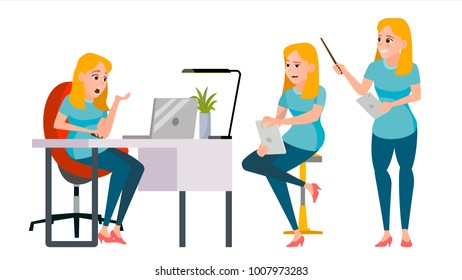 Business Woman Character Vector. Working Female, Girl. Team Room. Desk. Brainstorming. Environment Process. Start Up Office. Effective Programmer Designer. Lifestyle Situations. Character Illustration