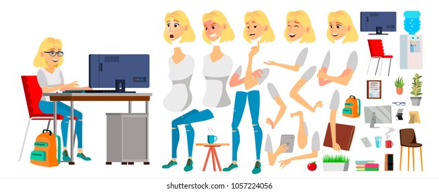 Business Woman Character Vector Arbeitet Weibliche Blonde Girl. Geschäftscharakter am Schreibtisch. Animationsset. Attraktive Dame. Emotionen. Cartoon Illustration