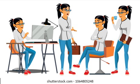 Business Woman Character Vector. Working Asian Woman. Team Room. Asiatic. Environment Process In Start Up Office. Web Developer Programming. Poses. Flat Cartoon Business Illustration
