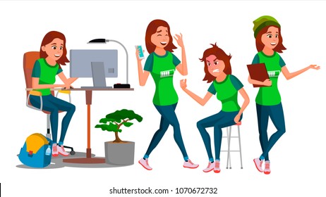 Business Woman Character Vector. Young Female In Different Poses. Teen Clerk In Office Clothes. Designer, Manager. Cartoon Illustration