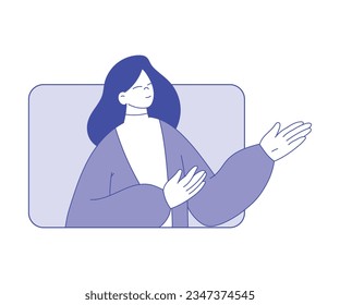 Business Woman Character in Web Window Meeting Online Discuss Strategy Vector Illustration