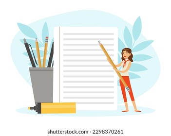 Business Woman Character Working with Huge Pencil and Document Vector Illustration