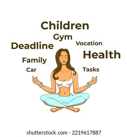 Business woman character in yoga pose.
